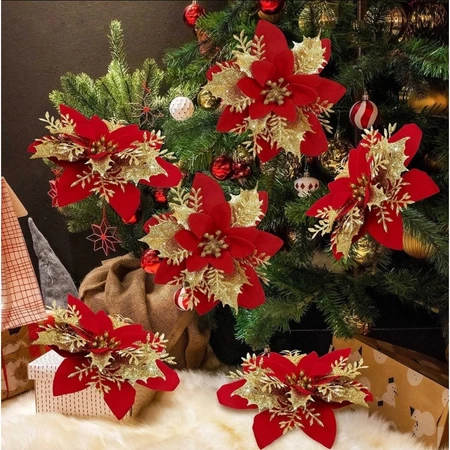 10 Pçs Flores Artificiais De Natal DIY Glitter Buquê De Flor De Seda Falsa Com Clipe Poinsétia Decoração De Festa De Ano